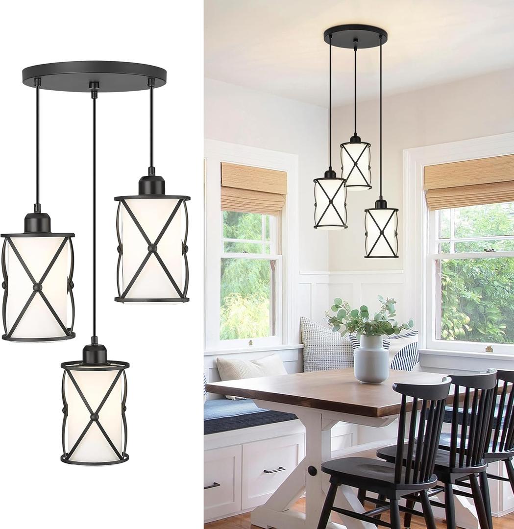 3-Light Dining Room Chandelier Light Fixtures, Black Pendant Lighting with Frosted Glass, Modern Kitchen Island Cluster Hanging Pendant Lights for Sink, CH9176BKW3