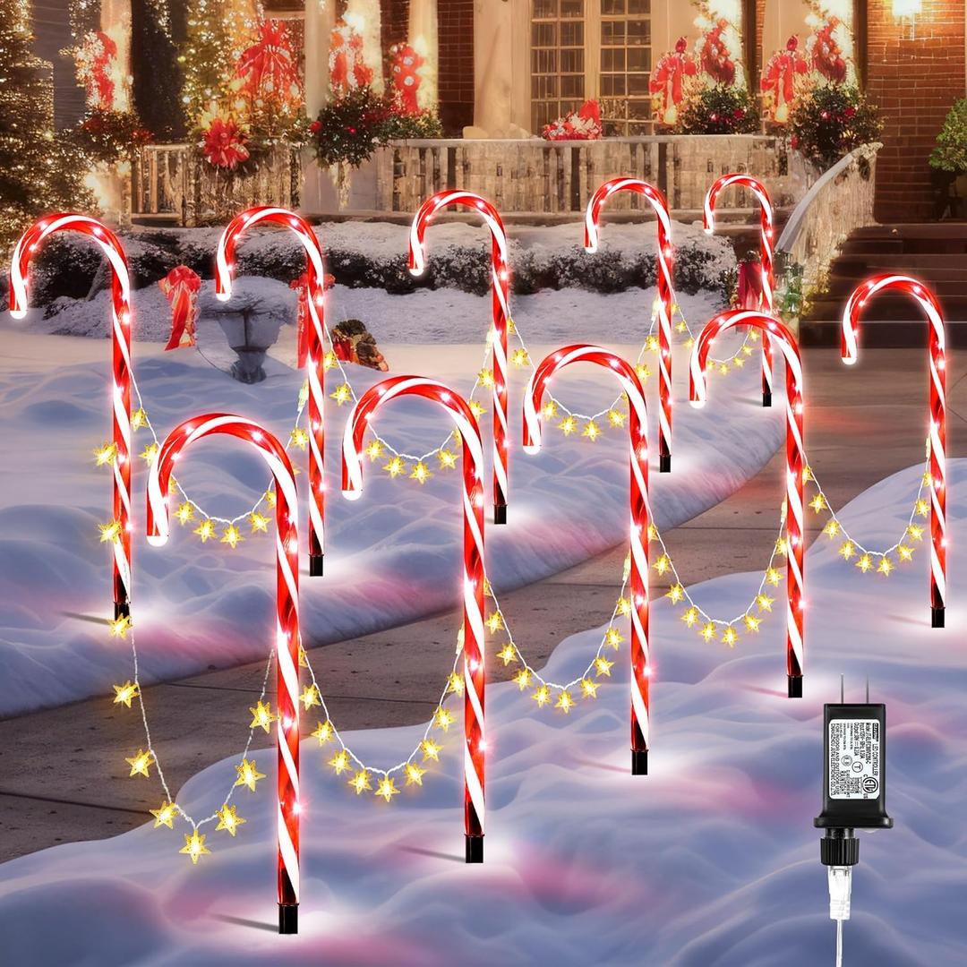 Candy Cane Lights Outdoor, 21 Inch Christmas Pathway Lights, Set of 10 Outdoor Xmas Decorations with 8 Modes for Holiday Patio Yard Garden(Red & White)