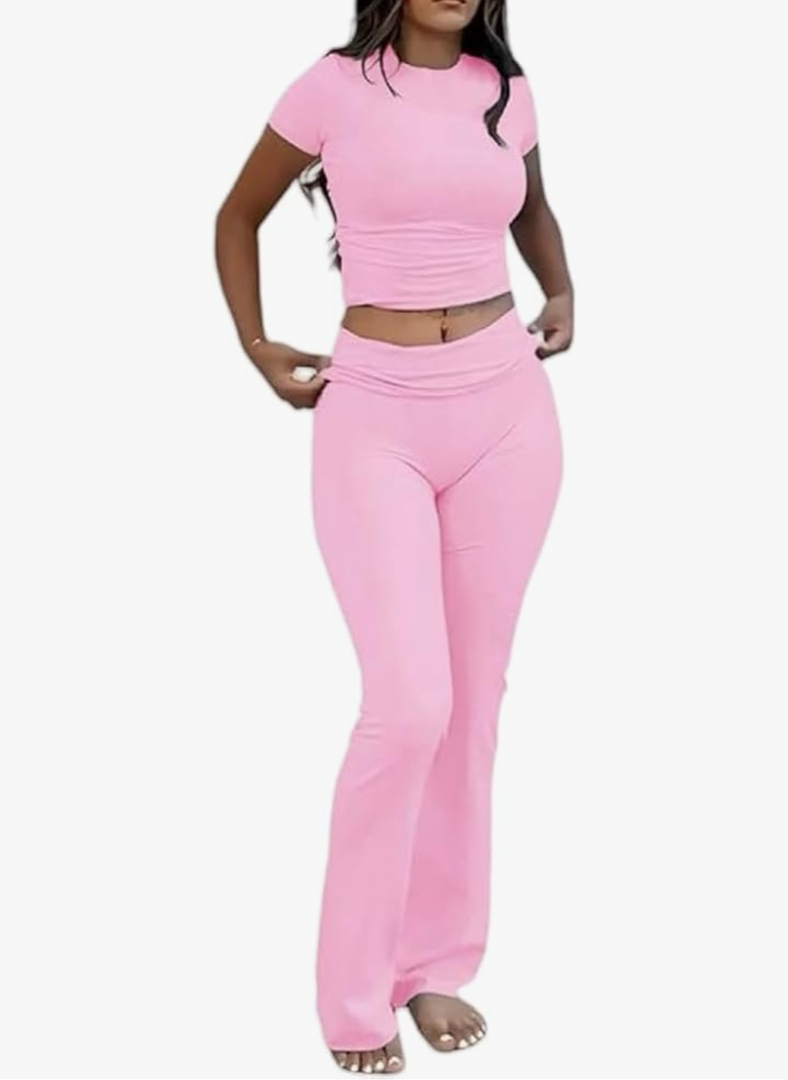 AYWA Women's 2 Piece Lounge Sets Short Sleeve Crop Top Foldover Flare Pants Casual Pajama Outfits Size S