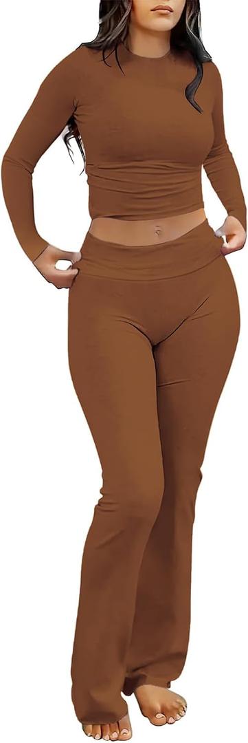 kaimimei Women's 2 Piece Lounge Outfits Slim Long Sleeve Tops High Waist Foldover Flare Leggings Sets Casual Yoga Sweatsuit (Medium, Brown)