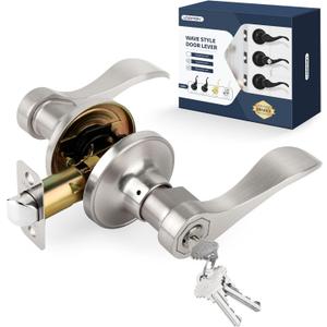 Wave Style Door Lever Keyed Entry Door Handle with Lock, Entrance Lever Reversible for Left/Right Handed for Office or Front Door with Satin Nickel Finish, 1 Pack