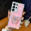 Cute Compatible with Samsung Galaxy S23 Ultra 6.8 inch Girly Case, Bling Glitter Diamond Butterfly Kickstand Case, Soft Silicone Cases for Women(Gold)