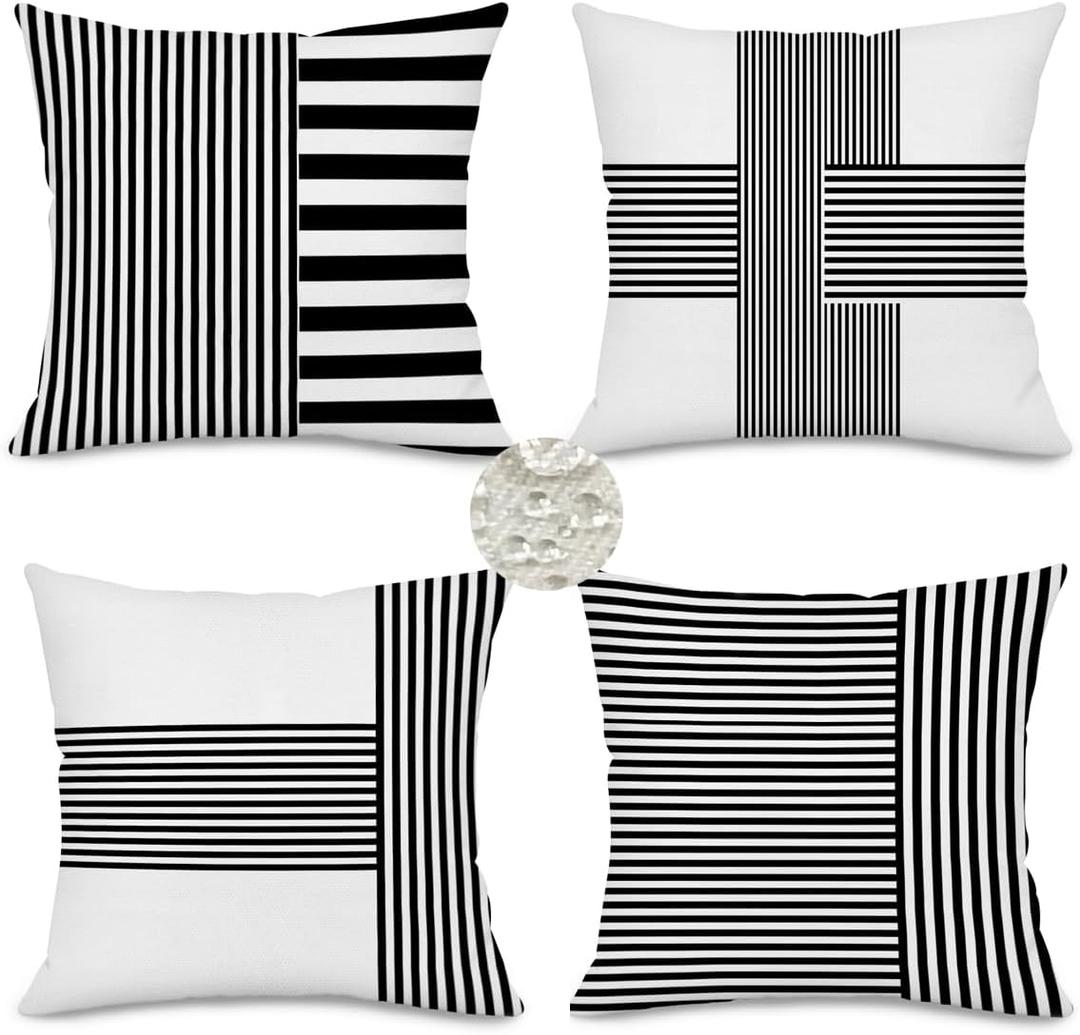 Fukeen Black and White Patchwork Farmhouse Pillow Covers 18x18 Inch Pack of 4 Striped Linen Decorative Modern Accent Pillow Cases for Sofa Couch Bedroom