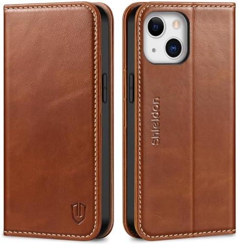 SHIELDON Wallet Case for iPhone 13 5G, Genuine Leather Folio Case Magnetic Shock Absorbing Cover RFID Blocking Credit Card Holder Kickstand Compatible with iPhone 13 6.1" 2021 - Retro Brown
