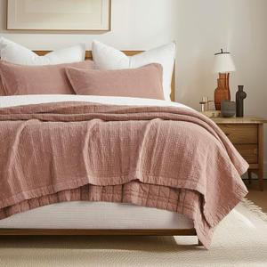 EVERGRACEHOME Stonewashed Cotton Quilt Set King Size, Ultra Soft Oversized Bedspread Coverlet Set, Lightweight Crinkle Box Stitch Bedding Sets for All Season, with 2 Shams, Terracotta Clay, King/Cal King