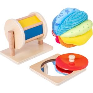 Montessori Baby Toys Play Kit - Mirror, Peekaboo, Knob Puzzle, Spinning Drum, Rainbow Ball - 6-12 Months Toddlers
