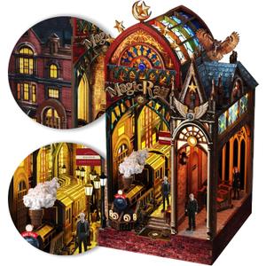 LED Book Nook Kit for Adults  DIY Miniature House Kit, Wooden Dollhouse Kit, Booknook Craft Kits, Library Bookshelf Decor, 3D Puzzles for Adults, Book Lovers Gifts, Magic Station