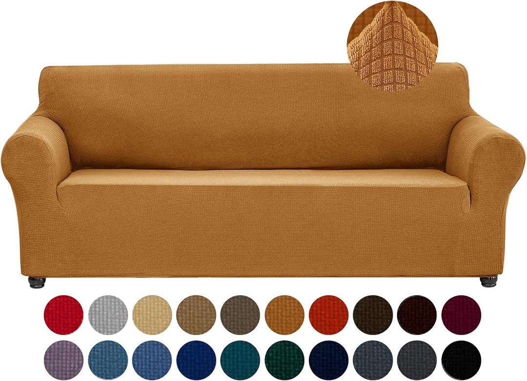 Joccun Stretch Couch Cover Slipcovers, 1-Piece Sofa Covers for 3 Cushion Couch Spandex Jacquard Washable Furniture Protector Cover for Living Room,Kids,Pets(Sofa,Gold) (Large78"-94")