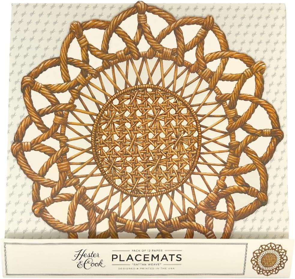 Rattan Brown Round Paper Placemats - Disposable Placemats for Dining Table for Spring Summer Season - 12 Sheets Per Pad American Made