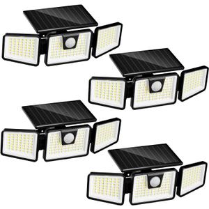 INCX Solar Motion Sensor Lights Outdoor, 3 Heads Security Lights Solar Powered, 156 LED Flood Light Motion Detected Spotlight for Patio Yard Garage Entryways, IP65 Waterproof 4 Pack (Black)