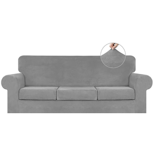 WEERRW 4 Pieces Velvet High Stretch Couch Covers for 3 Cushion Couch Sofa Slipcovers, Washable Furniture Protector with Non Slip Elastic Bottom, Feature Soft and Thick Plush Fabric, Large, Gray