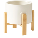 La Jolie Maison White Planter with Wood Stand, 9 Inch Ceramic Planter for Indoor Plants, Large Modern Planter Pots with Drainage Hole