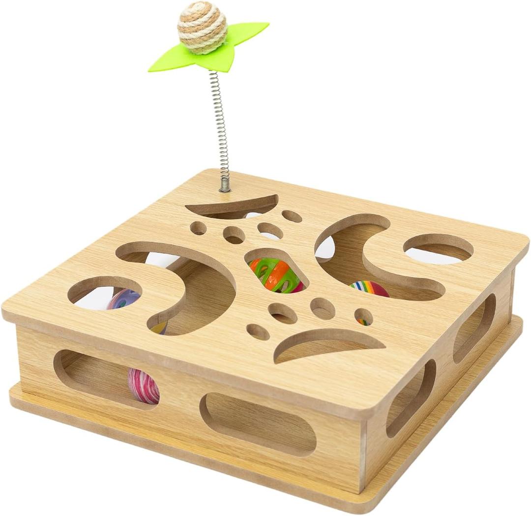 Interactive Wooden Cat Puzzle Toy Box Indoor Hunting Play Toy to Stimulate Your Cats Energy and Instincts (Burlywood)