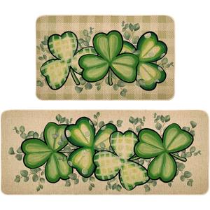 St Patricks Day Kitchen Decor Mats Set of 2, Non-Slip Absorbent Rug and Door Mats, Lucky Green Shamrock Clover Kitchen Floor Mat 17x29 and 17x47 Inch DM128