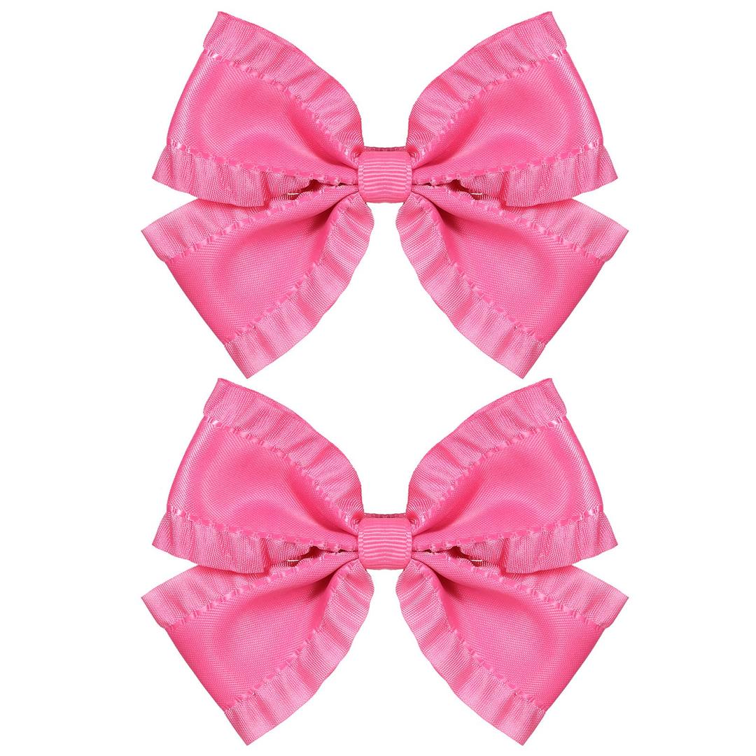 4" Hot Pink Ruffled Ribbon Hair Bow Barrettes, 2pc Cute Satin Bow-knot Alligator Clips Hairpins Birthday Valentine Party Dress Decor Accessory for Teens Toddler Girls Kids Child