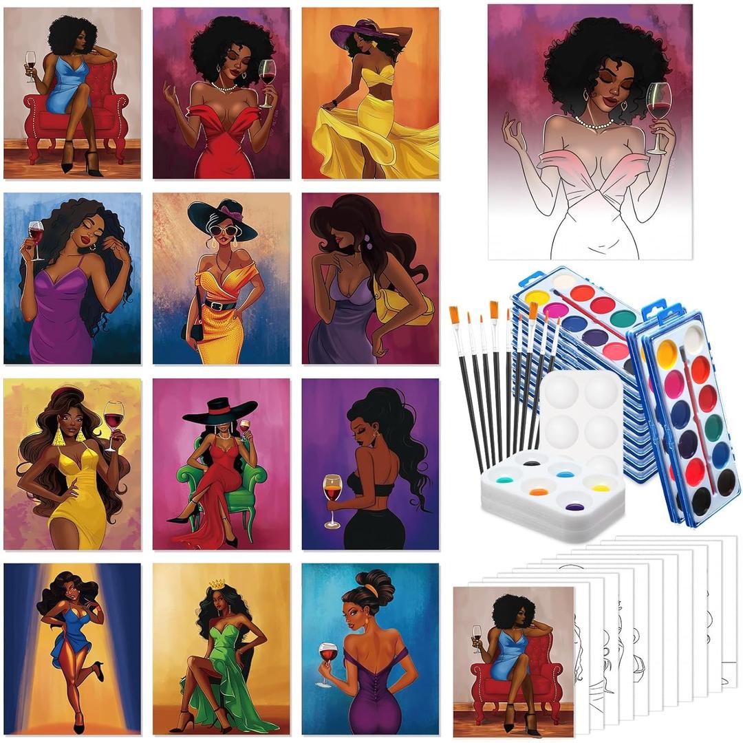 Ctosree 12 Sets Pre Drawn Canvas Kit for Painting Adults Sip and Paint Kit Art Pre Printed Canvas Bulk for Easter Mother's Day Gifts Adult's Date Night(Gorgeous Lady,8 x 10 in)