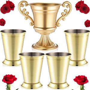 HunnmingRe 4 Pcs Horse Racing Derby Party Mint Julep Cups with 1 Trophy Flower Urn, Stainless Steel Glasses 12 oz Metal Cocktail Glasses with Compote Vase for Centerpieces for Home Bar(Gold)