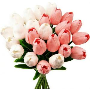 28 Pcs Artificial Tulips, 13.5 Inches PU Faux Tulip Flowers for Spring Easter Celebration Mothers Day Brunch Table DecorWhite+Pink