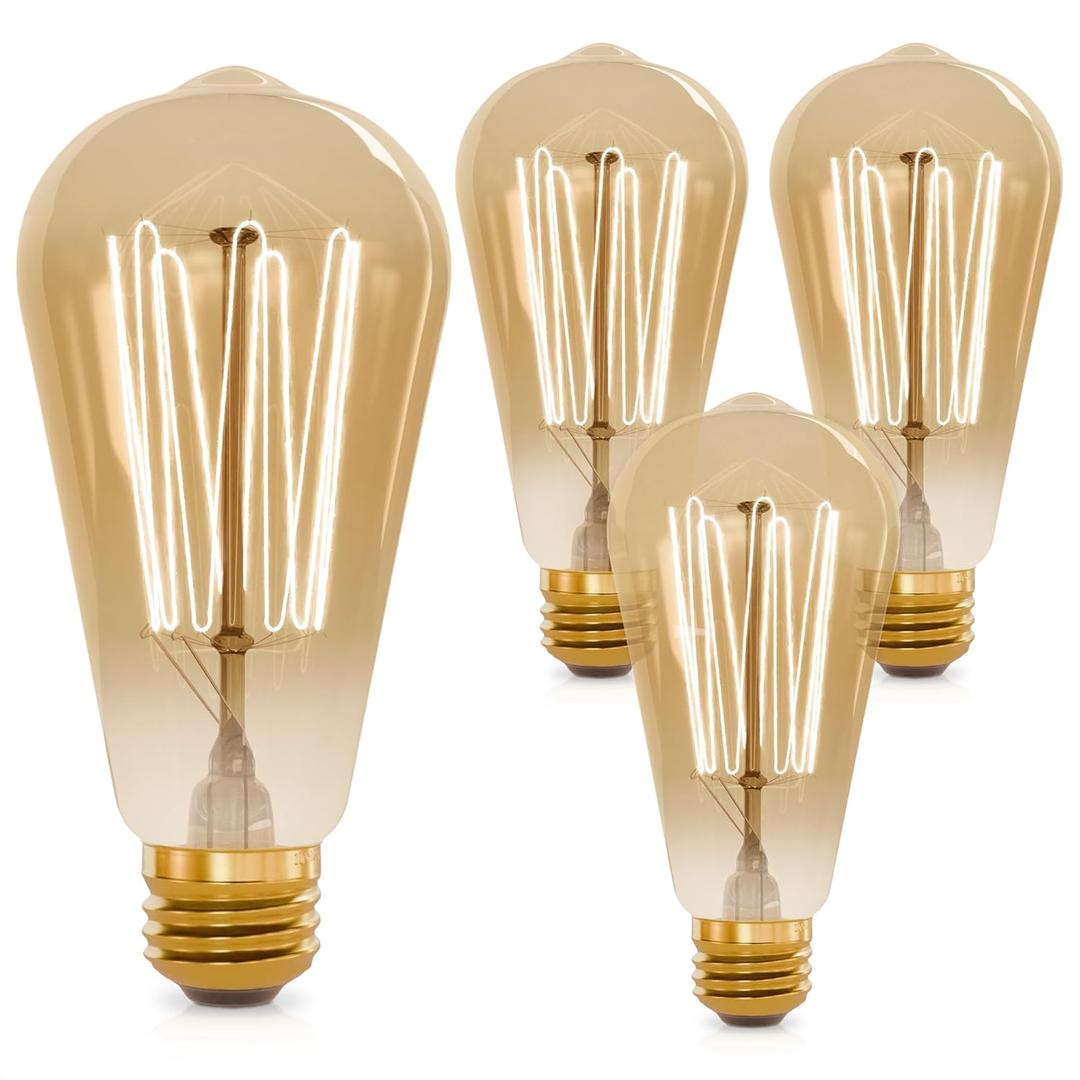 Incandescent Light Bulbs 60 Watt ST64 Style Amber & Dimmable - 4 Pack Edison Bulbs, E26 Base, 2200K Warm White, 210 Lumens, Vintage Exposed Filament, 2500 Hr Lifespan, for Indoor & Outdoor Use