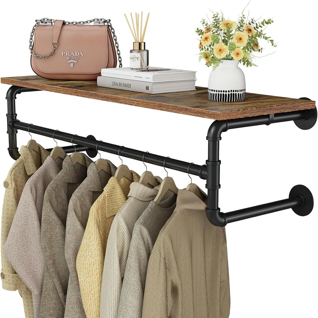 Clothes Rack with Top Shelf, 43.3in Industrial Pipe Wall Mounted Garment Rack, Space-Saving Display Hanging Clothes Rack, Heavy Duty Detachable Multi-Purpose Hanging Rod for Closet Storage