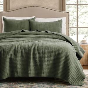 WDCOZY 100% Cotton Twin Size Quilt Set - Olive Green Striped Pick Stitch Soft Lightweight Bedspread, Textured Like Linen, Farmhouse Country Rustic Coverlet, Shabby Chic Gauze Bedding, 2 Pieces (Twin (68"x86"))