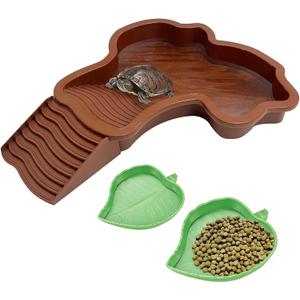 3 PCS Tortoise Water Dish Reptile Bathing Pool with Removable Ramp and Leaf Reptile Food Dish & Water Bowl Tortoise Habitat Accessories for Turtle, Gecko, Snake, Bearded Dragon, Lizard