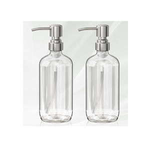 AmazerBath Soap Dispenser, 2 Pack Glass Soap Dispenser with Pump Stainless Steel, 17 Oz Hand Soap Bottles Bathroom Kitchen, Clear