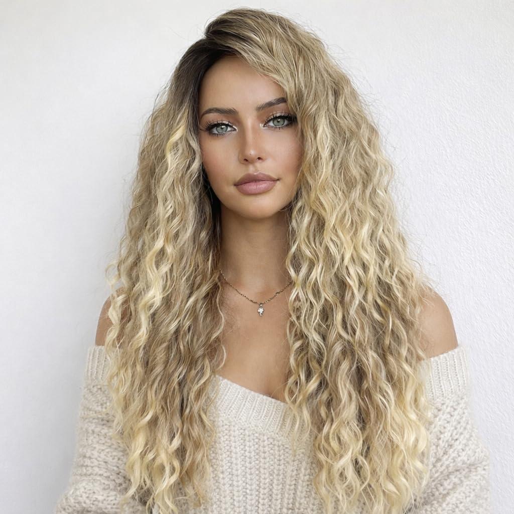 Blonde Brown Synthetic Curly Wigs for Women Long Glueless Hairline Side Part Wig for Daily Life Use (28 Inch, 4/613)