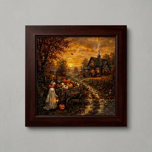 Spooky Halloween Cottage Framed Canvas Wall Art – Cute Ghost, Pumpkin Wagon & Autumn Countryside Painting, 19.7"L x 19.7"W