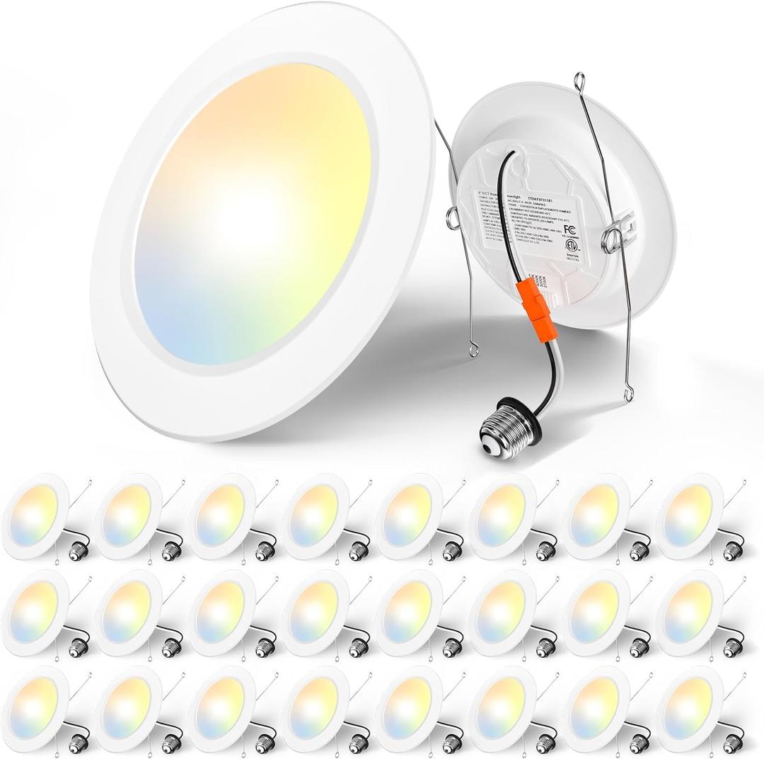 Amico Recessed Lighting 5/6 Inch, 24 Pack 5CCT Flat LED Can Lights, 2700K/3000K/4000K/5000K/6000K Selectable,12W Eqv 120W, 1050LM Brightness, Retrofit Installation - ETL & FCC
