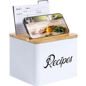 White Stainless Steel Recipe Box - Bamboo Lid With Phone Holder, Phone Stand and Recipe Card Holder - Includes Set of 50 3.9"x5.9" Recipe Cards and 12 Recipe Card Dividers