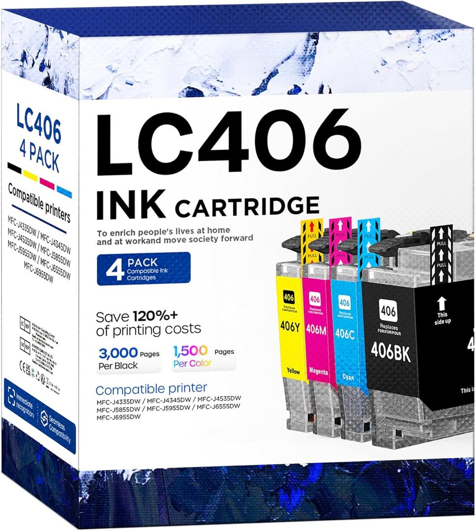 LC406 Ink Cartridges Compatible for Brother LC406 LC406XL LC 406 XL Work for Brother MFC-J4335DW MFC-J5855DW MFC-J4535DW MFC-J6555DW MFC-J6955DW Printer (Pack of 4, Black, Cyan, Magenta, Yellow)