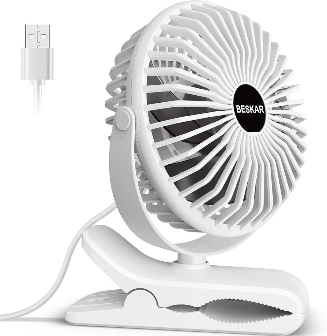 BESKAR Clip on Fan, 360 Rotation Quiet Stroller Fan with Strong Airflow,3 Speeds, Portable Small Fan with Sturdy Clamp,Perfect Personal Cooling Fan for Office Table Bedroom Kitchen
