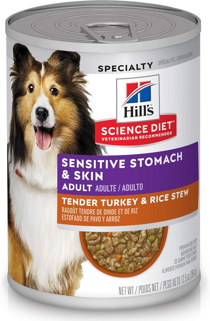 Hill's Science Diet Adult 1-6 Sensitive Stomach & Sensitive Skin Wet Dog Food, Tender Turkey & Rice Stew in Gravy, 12.5 oz. Cans, 12-Pack