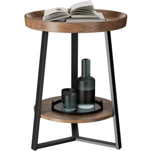 Gadroad Round End Table with Storage Shelf, 2 Tier Farmhouse Side Table Nightstand for Living Room, Bedroom, Wood Tabletop & Black Metal Frame, Brown 15.7 * 15.7 * 23.0inches