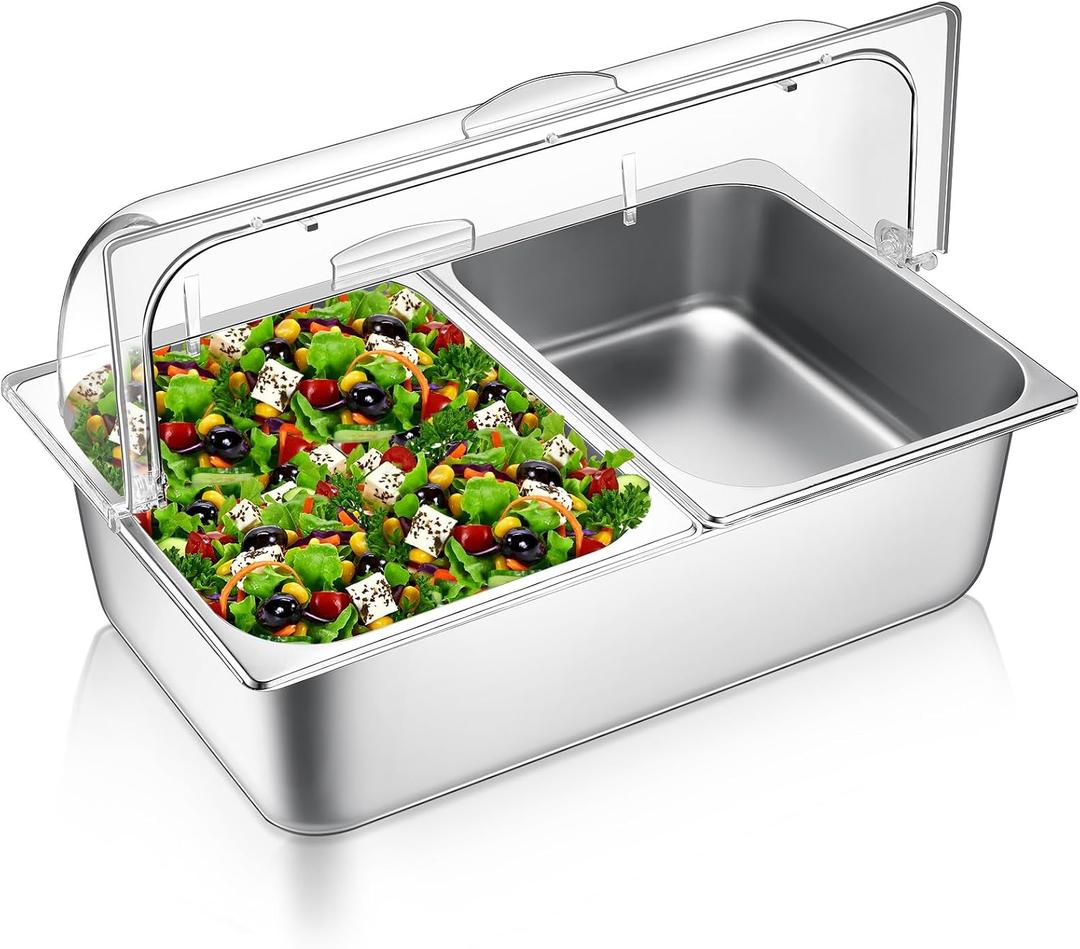 Ziliny Countertop Food Serving Display Container and Clear Roll Top Cover Stainless Steel Food Serving Tray Buffet Condiment Dispenser Display Rack for Restaurant Hotel Kitchen Party (2 Pan)