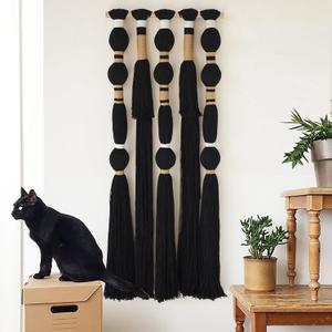 Flber Macrame Wall Hanging Black Sphericity Cotton Tassels Textile Hanging Geometric Yarn Wall Art for Bedroom Living Room Decor 15.7" W x 39" L