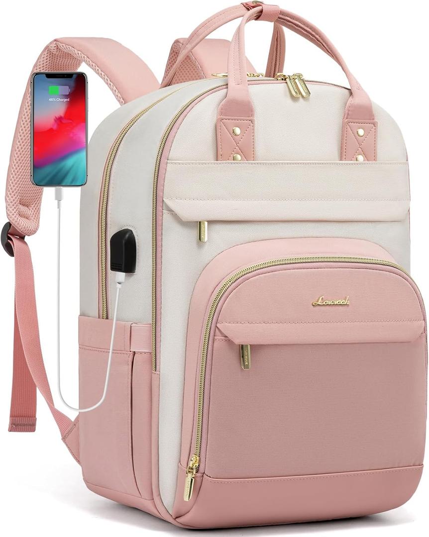 LOVEVOOK Laptop Backpack Women,Large Capacity 15.6 inch Laptop Bag Travel Backpack for Women,Computer Work College Teacher Backpacks with USB Port,Waterproof Personal Item Backpack Casual Daypack (Beige-pink-pink)