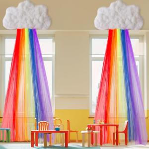 Geelin 2 Sets 8.2 ft Classroom Rainbow Sheer Curtains Tulle Rainbow Backdrops with Cloud Birthday Party Photo Art Paint Party Decorations for Halloween Preschool Classroom Playroom Room Door