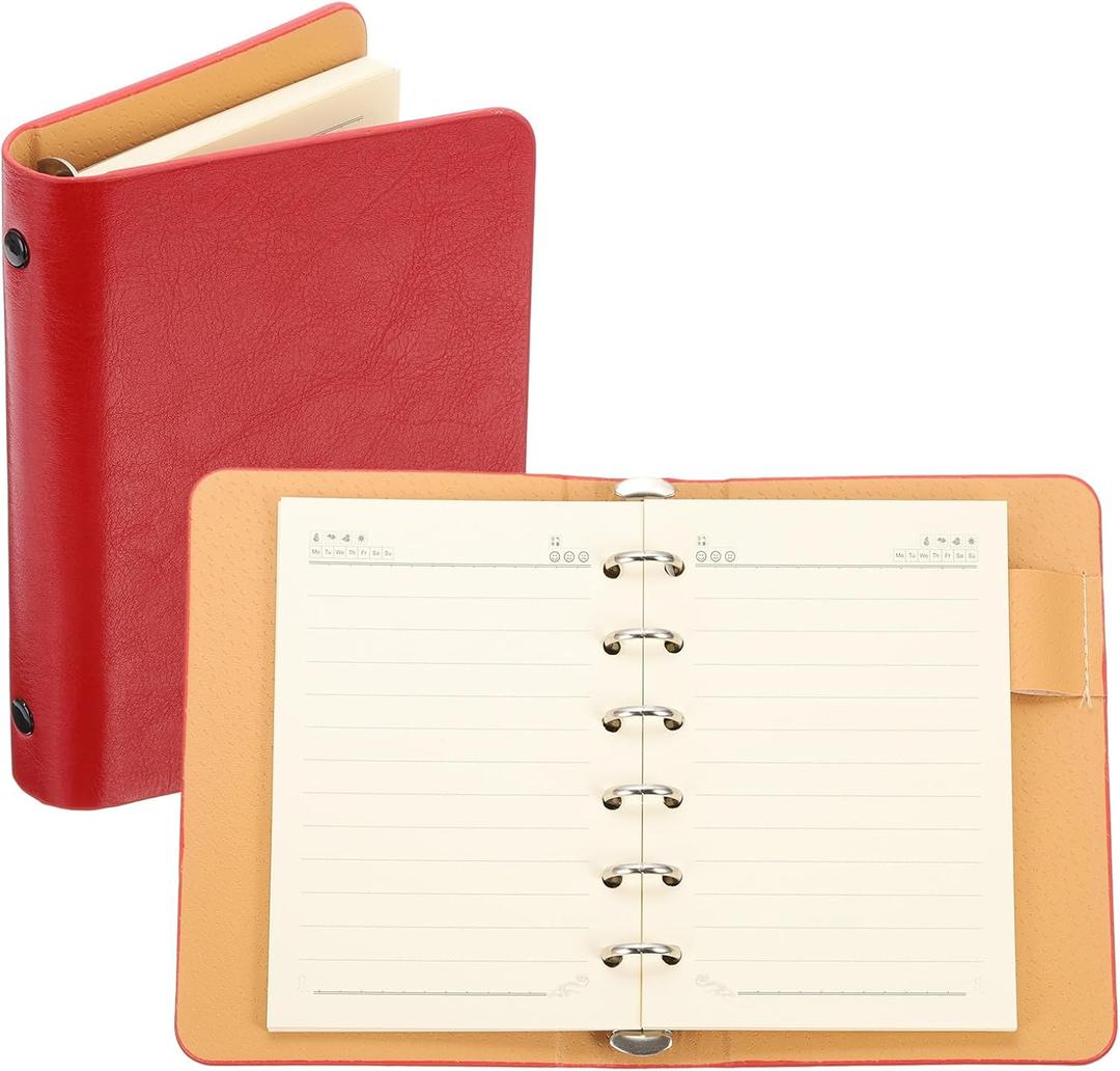 PATIKIL 6 Ring Binder Cover, A7 Leather Notebook Binder Mini Refillable Loose Leaf Personal Planner with 50 Sheets Line Paper, Red