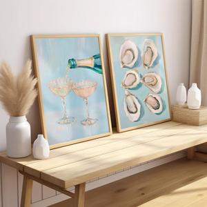 2Pcs Oyster Shell Wall Art Funky Bar Cart Cocktail Wall Decor Pictures Pastel Blue Wine Champagne Posters Print Girly Coastal Aesthetic Beach House Apartments Decoration Unframed 12x16in