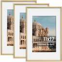 11x17 Picture Frame, Display Pictures 8x12 with Mat or 11x17 Without Mat, Wall Hanging Photo Frame, Gold, 3 Pack