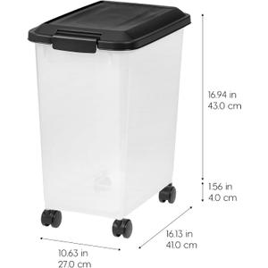 IRIS USA Dog Food Storage Container, 1 Pack, Up to 30 lbs Each, Airtight Seal for Freshness, Wheels for Rolling, Easy One Hand Opening, Made in USA, BPA Free, Clear/Black