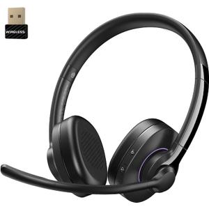 Wireless Headset with Mic for Work, Headset Wireless Bluetooth V5.3 with AI Noise Cancelling Microphone with USB Dongle & Mic Mute