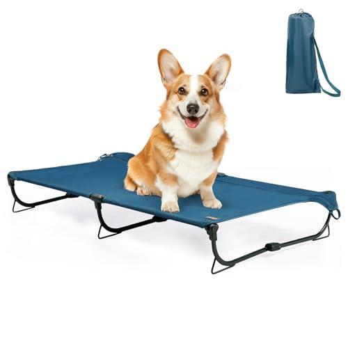 CANINE CANYON Daisy Cot, Medium Foldable Elevated Dog Bed, Portable Raised Outdoor Folding Dog Cot, Cooling, Chew Proof, Waterproof, Heavy Duty Up to 160 Lbs for Camping/Home, Dark Blue, 32"x 19"x6"