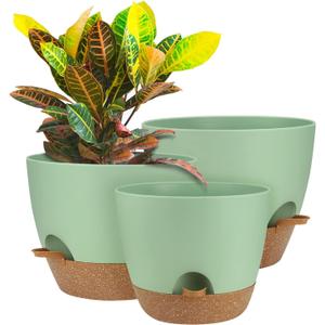 UUBEMM Self Watering Planters with Drainage Holes, Set of 3 Plastic Plant Pots with Deep Reservoir for Indoor Outdoor Garden Flowers Plants,10+9+8 Inch (Green)