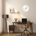 Round Marble Battery Wall Clock Modern 14 Inch White Minimalist Wall Clock for Kitchen Quartz Glass Silent Clock for Wall