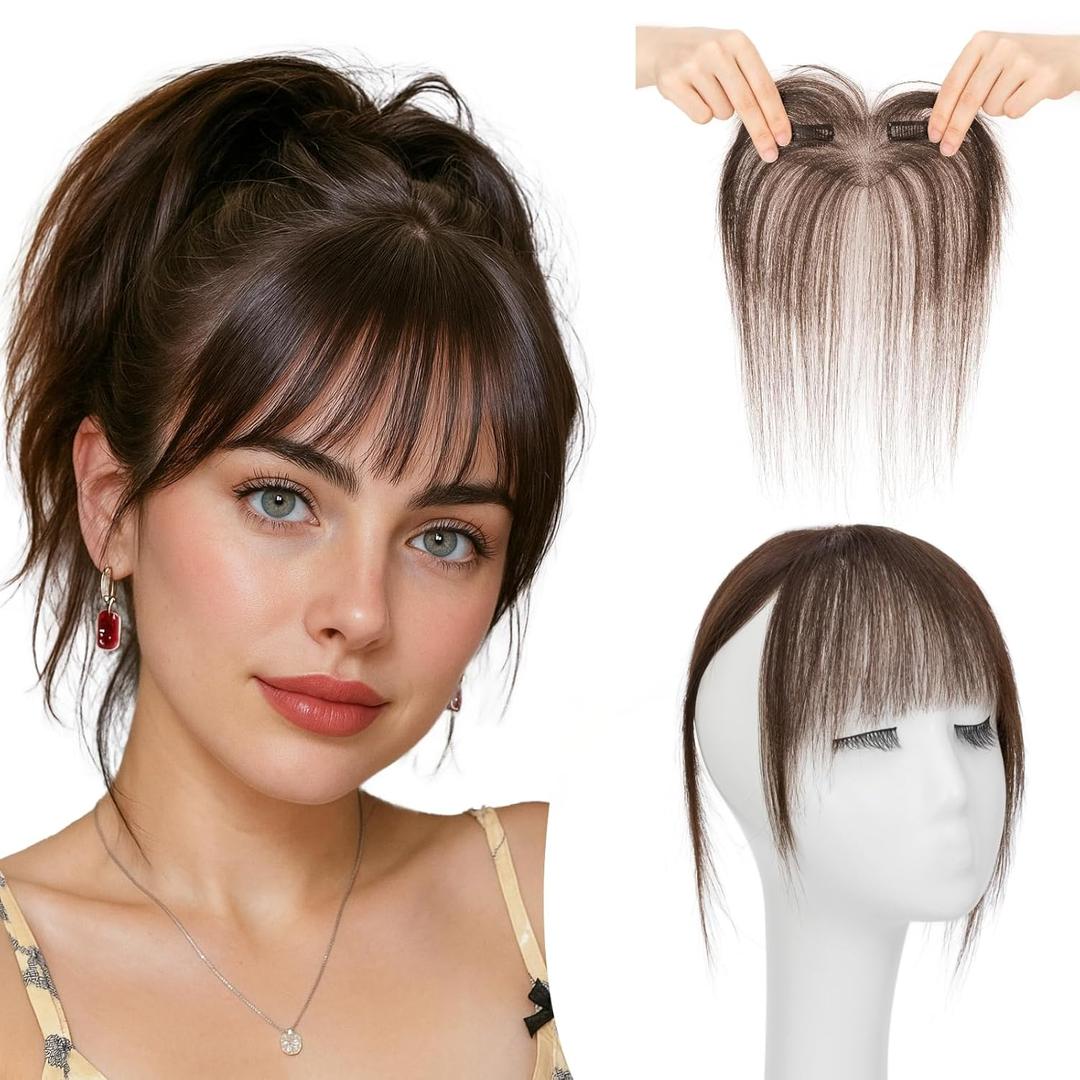 Wispy Bangs Hair Clip Human Hair, Human Hair Clip in Bangs, Wispy HairPieces, No Tangle & Smooth, 11g #02 Dark Brown