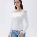 SUUKSESS Women Double Line Mesh Padded Tops Off The Shoulder Long Sleeve Shirts (White, S)