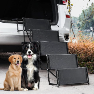 Dog Car Ramp - Portable 5-Step Aluminum Dog Stairs with Non-Slip Surface, Supports up to 250 lbs,17.3" Wide Foldable Dog Steps for Cars, SUVs, High Beds, and Trucks